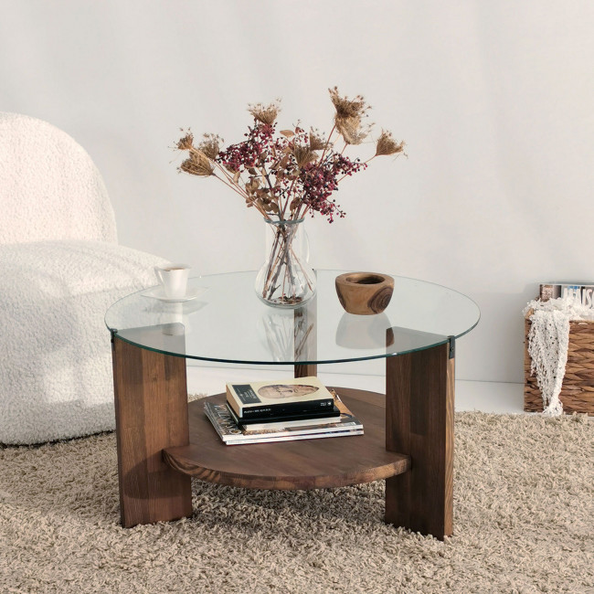 Mino - Table basse ronde en verre trempé et bois ø75cm