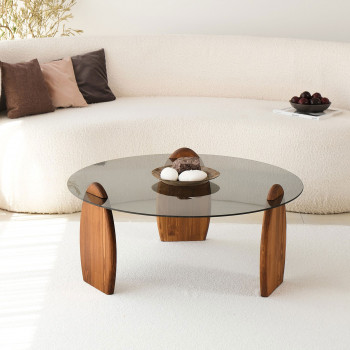 Wo - Table basse ronde en verre trempé et bois ø90cm