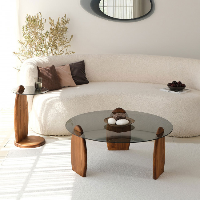 Wo - Table basse ronde en verre trempé et bois ø90cm