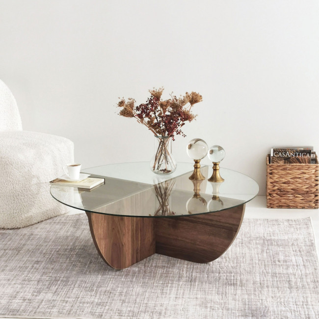 Lila - Table basse ronde en verre trempé et bois ø90cm