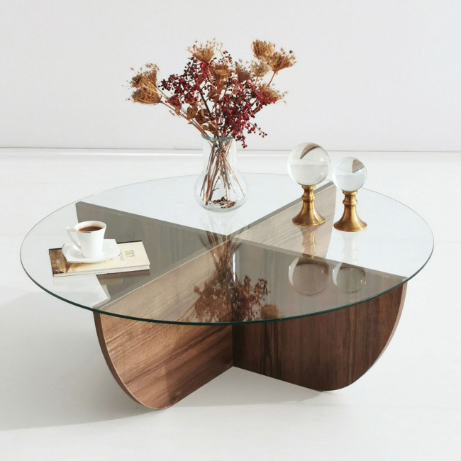 Lila - Table basse ronde en verre trempé et bois ø90cm