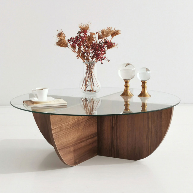Lila - Table basse ronde en verre trempé et bois ø90cm