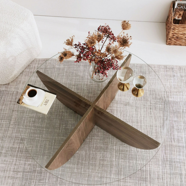 Lila - Table basse ronde en verre trempé et bois ø90cm
