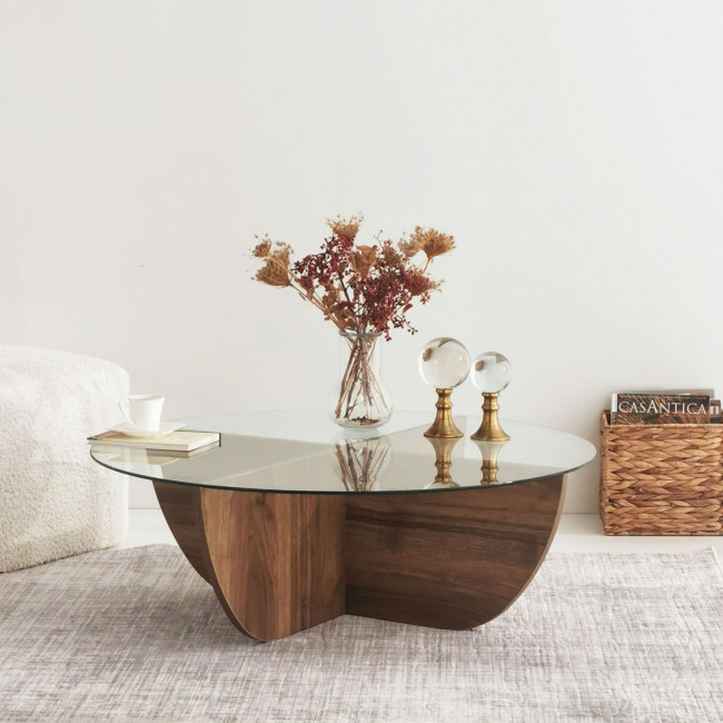 Lila - Table basse ronde en verre trempé et bois ø90cm