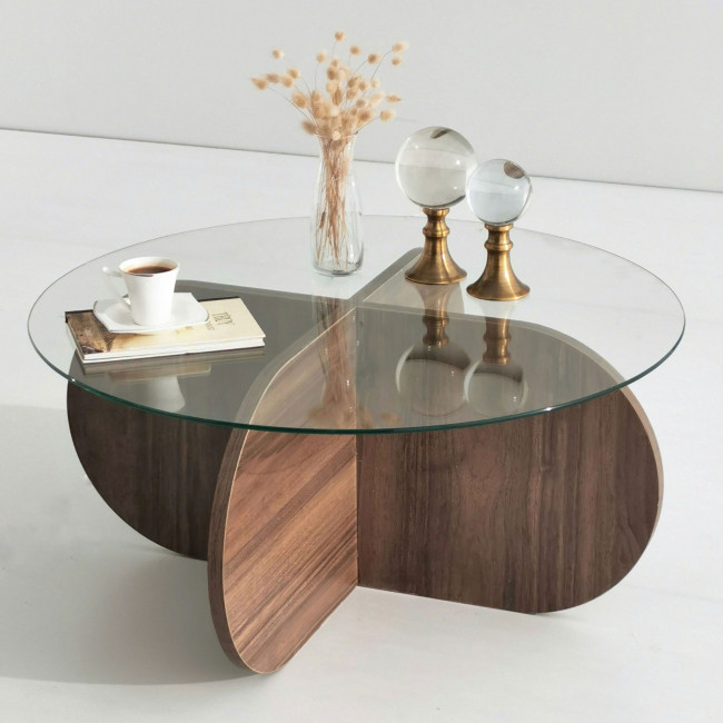 Bully - Table basse ronde en verre trempé et bois ø75cm