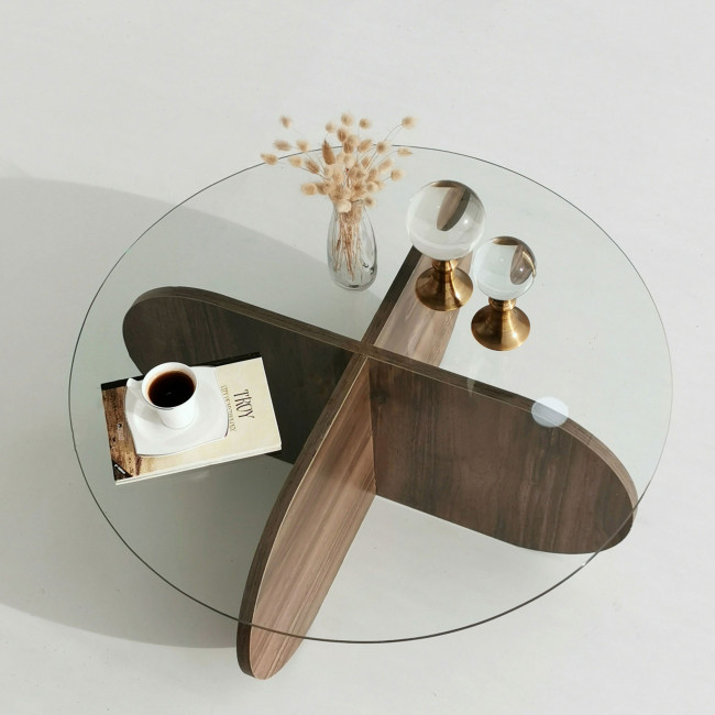 Bully - Table basse ronde en verre trempé et bois ø75cm