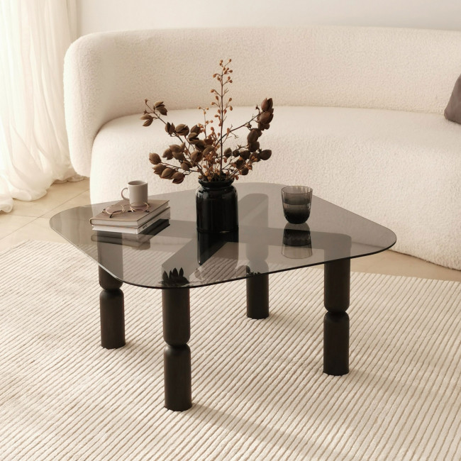 Colonia - Table basse carrée en verre trempé et bois 80x80cm