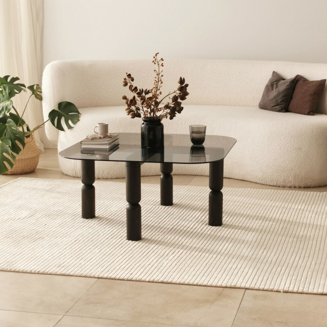 Colonia - Table basse carrée en verre trempé et bois 80x80cm