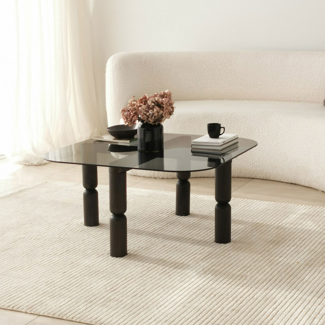 Colonia - Table basse carrée en verre trempé et bois 80x80cm