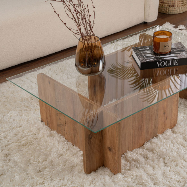 Cubix - Table basse en verre trempé et bois