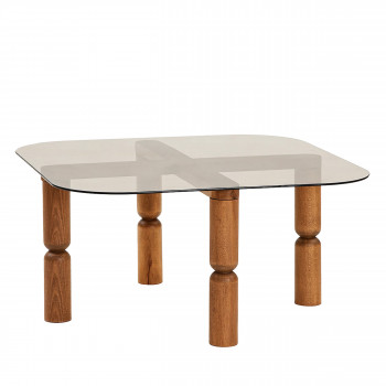 Colonia - Table basse carrée en verre trempé et bois 80x80cm