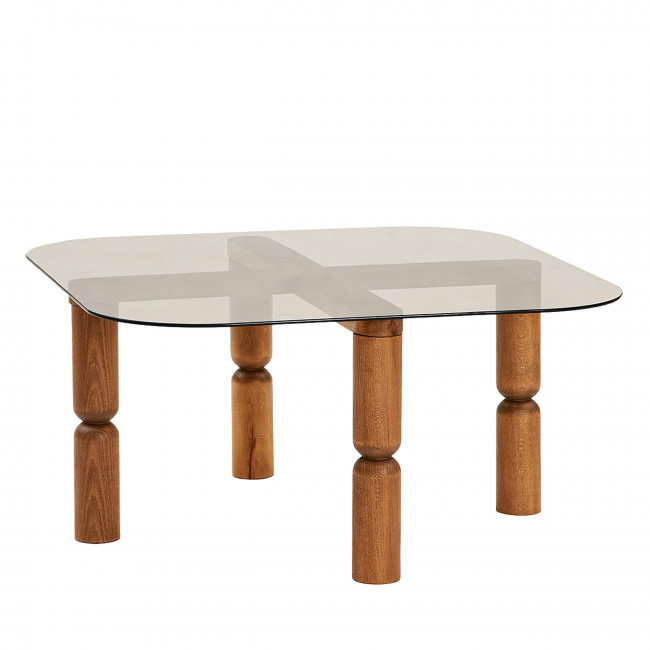 Colonia - Table basse carrée en verre trempé et bois 80x80cm