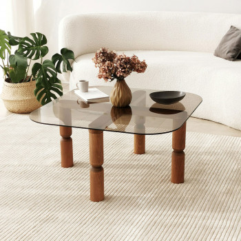 Colonia - Table basse carrée en verre trempé et bois 80x80cm