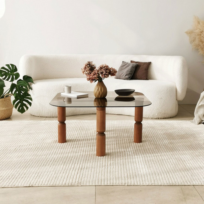 Colonia - Table basse carrée en verre trempé et bois 80x80cm