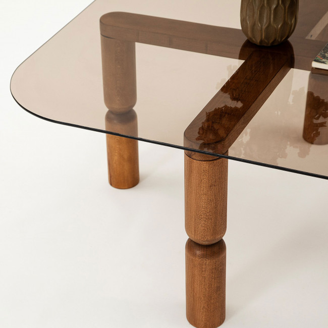 Colonia - Table basse carrée en verre trempé et bois 80x80cm