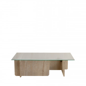 Cubix - Table basse en verre trempé et effet travertin