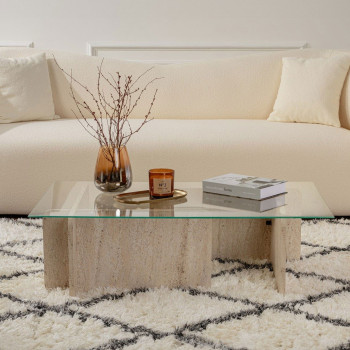 Cubix - Table basse en verre trempé et effet travertin
