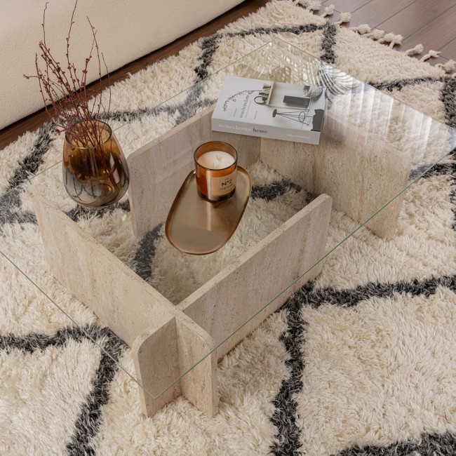 Cubix - Table basse en verre trempé et effet travertin