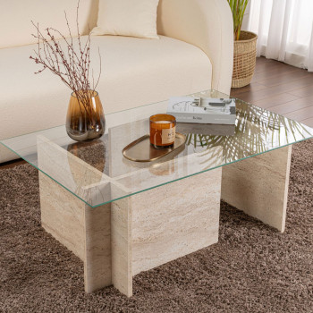 Cubix II - Table basse en verre et effet travertin