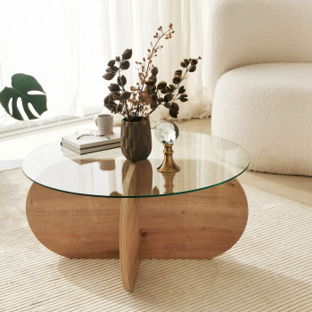Bully - Table basse ronde en verre trempé et bois ø75cm