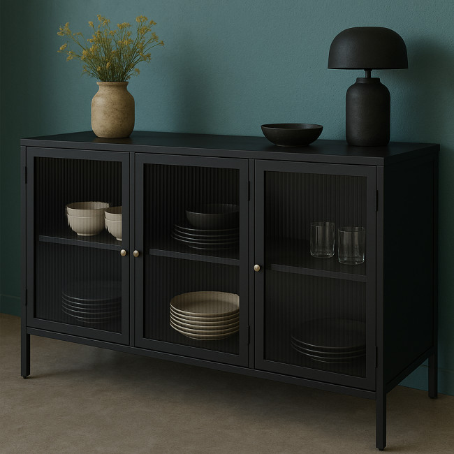 Bjorn - Buffet 3 portes en verre strié et métal L132cm