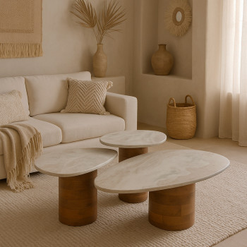 Suki - Lot de 3 tables basses organiques gigognes en marbre et bois