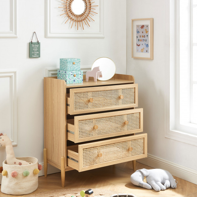 Lilou - Commode enfant 3 tiroirs en bois et cannage 80cm