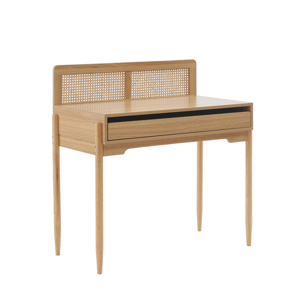 Bureau 1 Tiroir EDHEN En Bois Et Cannage - Plateau 90x50 Cm, Tiroir Pleine Longueur - Style Bohème Chic
