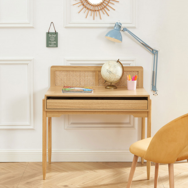 Lilou - Bureau enfant 1 tiroir en bois et cannage H95cm