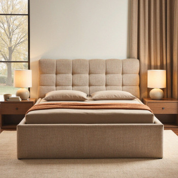 Acara - Lit coffre matelassé en tissu 140x190cm
