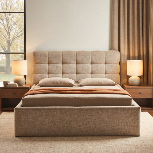 Acara - Lit coffre matelassé en tissu 140x190cm