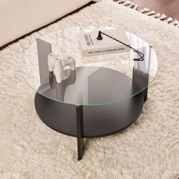 Ria - Table basse ronde en verre trempé et bois ø75cm