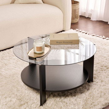 Ria - Table basse ronde en verre fumé et bois ø75cm