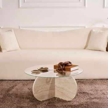 Bully - Table basse ronde en verre trempé et effet travertin ø75cm