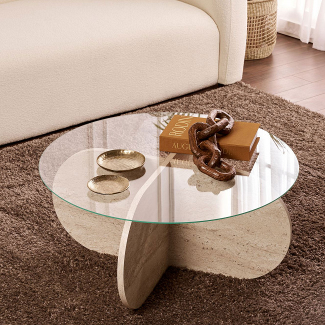 Bully - Table basse ronde en verre trempé et effet travertin ø75cm