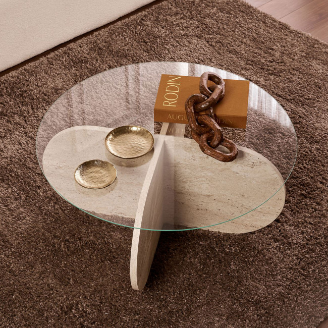 Bully - Table basse ronde en verre trempé et effet travertin ø75cm