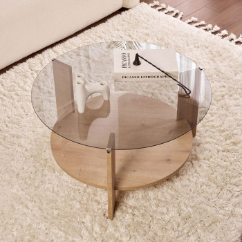 Ria - Table basse ronde en verre fumé et bois ø75cm