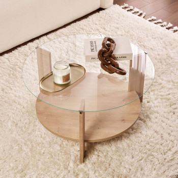 Ria - Table basse ronde en verre trempé et bois ø75cm