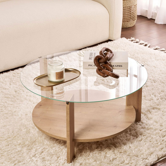 Ria - Table basse ronde en verre trempé et bois ø75cm