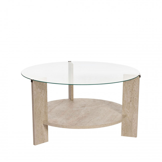Ria - Table basse ronde en verre trempé et effet travertin ø75cm