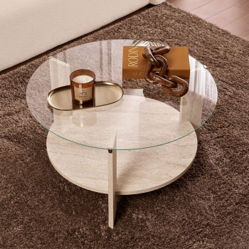 Ria - Table basse ronde en verre trempé et effet travertin ø75cm