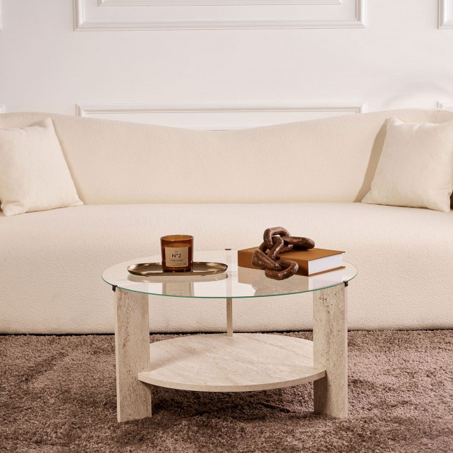 Ria - Table basse ronde en verre trempé et effet travertin ø75cm