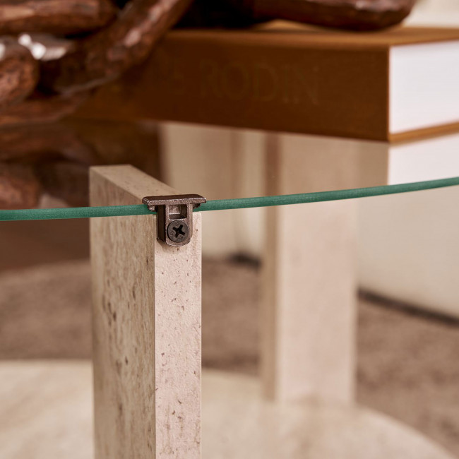Ria - Table basse ronde en verre trempé et effet travertin ø75cm