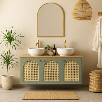 Ali - Meuble de salle de bain 2 vasques en bois et cannage