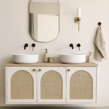 Ali - Meuble de salle de bain 2 vasques en bois et cannage