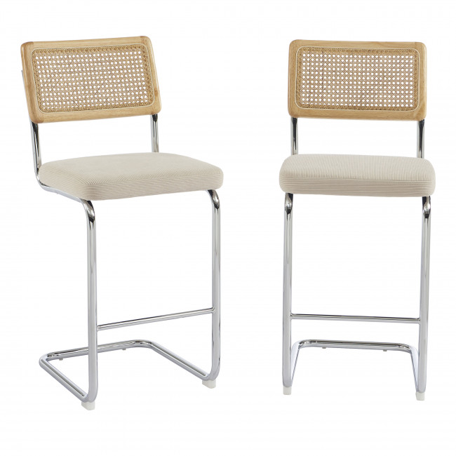 Skana - Lot de 2 chaises de bar en velours côtelé pieds chrome H66cm