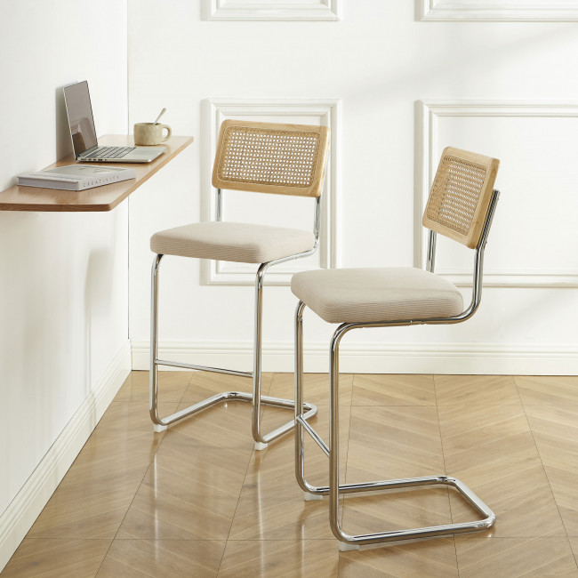 Skana - Lot de 2 chaises de bar en velours côtelé pieds chrome H66cm