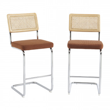 Skana - Lot de 2 chaises de bar en velours côtelé pieds chrome H66cm