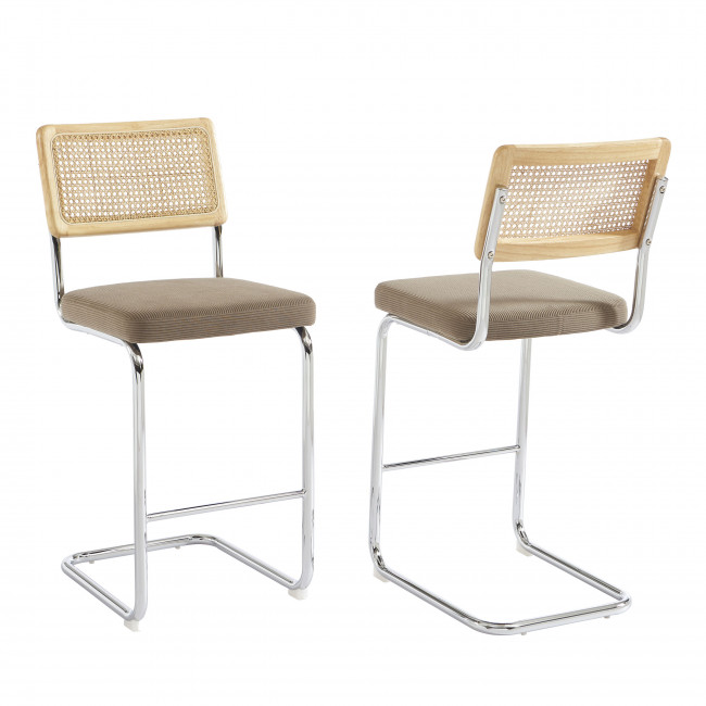 Skana - Lot de 2 chaises de bar en velours côtelé pieds chrome H66cm