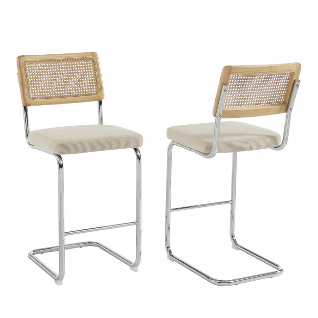 Skana - Lot de 2 chaises de bar en velours côtelé pieds chrome H66cm